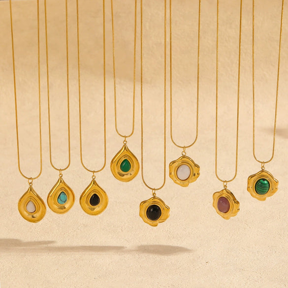 Wholesale Women's Stainless Steel Natural Stone Necklace With Geometric Pattern And Snake Bone Chain Mixed Gemstone Inlay Electroplated