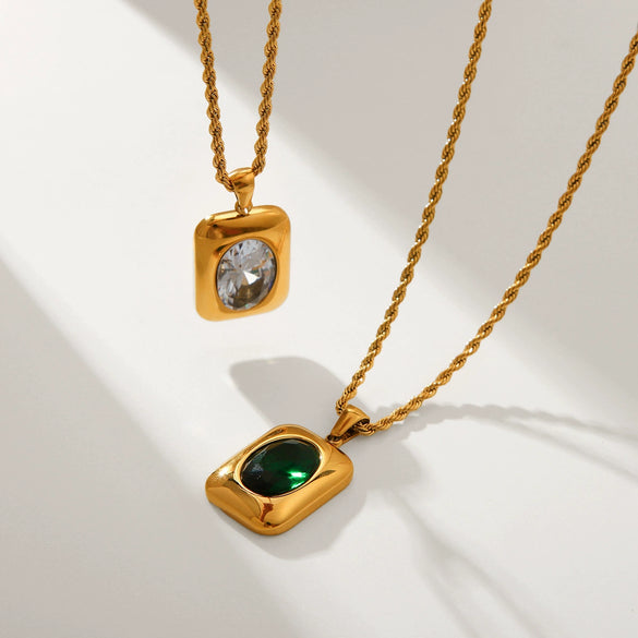 Wholesale Women's Stainless Steel Necklace With Square Pendant Inlaid With Semiprecious Stones And Geometric Pattern