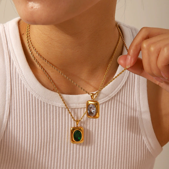 Wholesale Women's Stainless Steel Necklace With Square Pendant Inlaid With Semiprecious Stones And Geometric Pattern