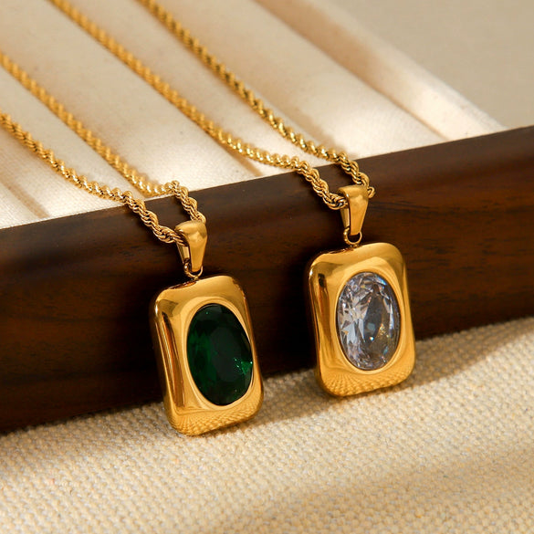 Wholesale Women's Stainless Steel Necklace With Square Pendant Inlaid With Semiprecious Stones And Geometric Pattern