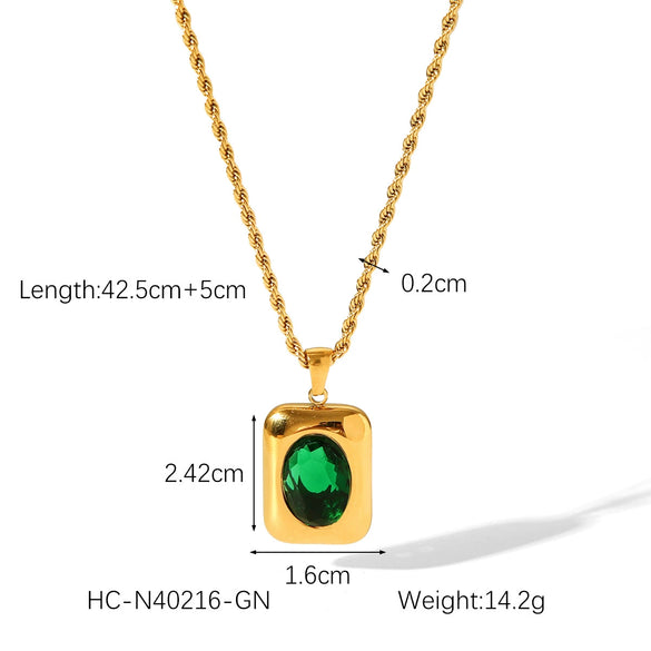 Wholesale Women's Stainless Steel Necklace With Square Pendant Inlaid With Semiprecious Stones And Geometric Pattern