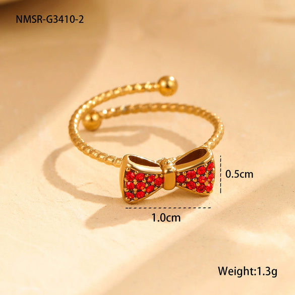 Wholesale Women's Stainless Steel Open Bow Ring Inlaid With Colorful Zircon Light Luxury Style Electroplated