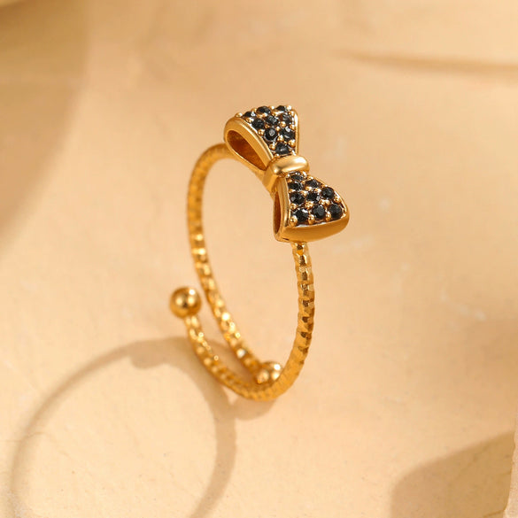 Wholesale Women's Stainless Steel Open Bow Ring Inlaid With Colorful Zircon Light Luxury Style Electroplated