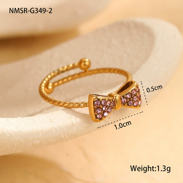 Wholesale Women's Stainless Steel Open Bow Ring Inlaid With Colorful Zircon Light Luxury Style Electroplated