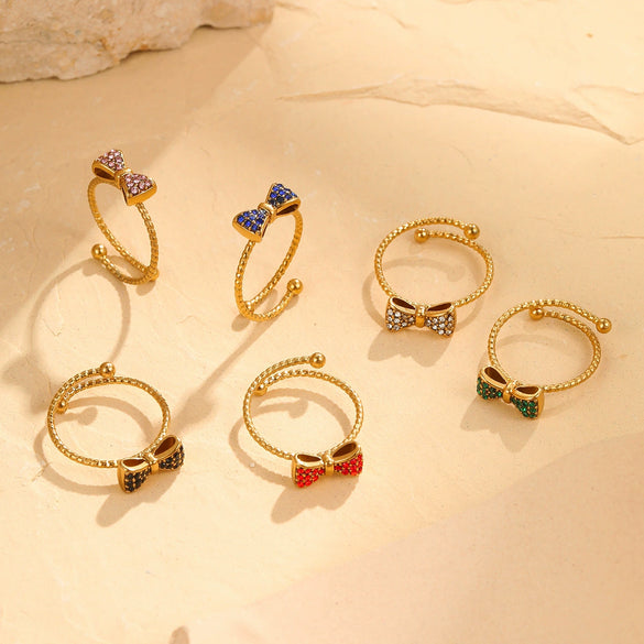 Wholesale Women's Stainless Steel Open Bow Ring Inlaid With Colorful Zircon Light Luxury Style Electroplated