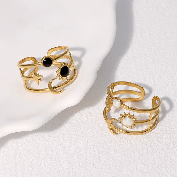 Wholesale Women's Stainless Steel Open Finger Ring With Star Moon Sun Design Electroplated