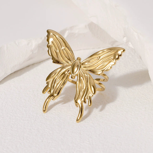 Wholesale Women's Stainless Steel Open Gold Plated Finger Ring With Butterfly Design And Animal Pattern