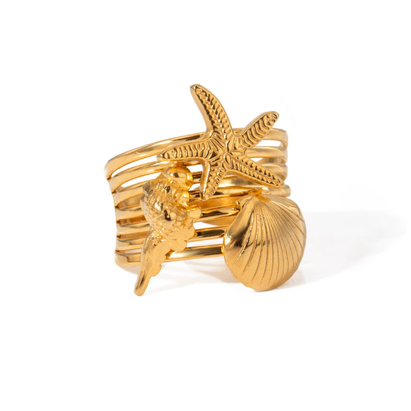 Wholesale Women's Stainless Steel Open Ring In Starfish Conch Shell Shape With Geometric Pattern And Electroplating French Retro Style