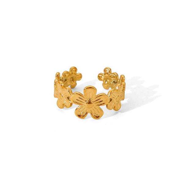 Wholesale Women's Stainless Steel Open Ring With Flower Geometric Pattern 18K Gold Plated