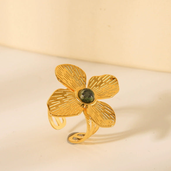 Wholesale Women's Stainless Steel Open Ring With Fourpetal Flower And Geometric Pattern French Retro Style Electroplated Inlaid With African Turquoise