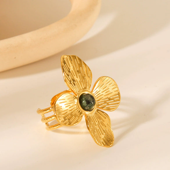Wholesale Women's Stainless Steel Open Ring With Fourpetal Flower And Geometric Pattern French Retro Style Electroplated Inlaid With African Turquoise