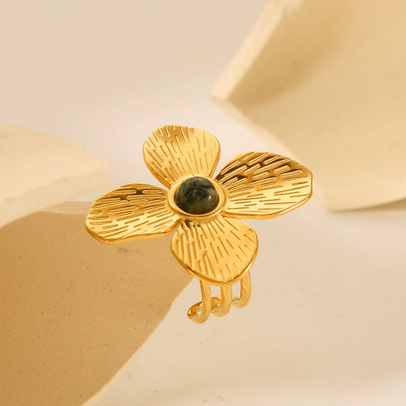 Wholesale Women's Stainless Steel Open Ring With Fourpetal Flower And Geometric Pattern French Retro Style Electroplated Inlaid With African Turquoise