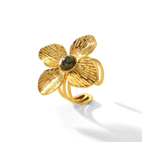 Wholesale Women's Stainless Steel Open Ring With Fourpetal Flower And Geometric Pattern French Retro Style Electroplated Inlaid With African Turquoise