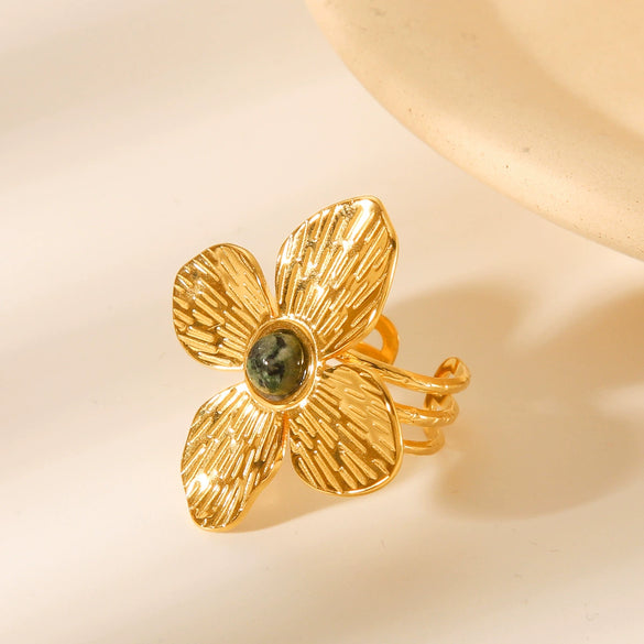 Wholesale Women's Stainless Steel Open Ring With Fourpetal Flower And Geometric Pattern French Retro Style Electroplated Inlaid With African Turquoise