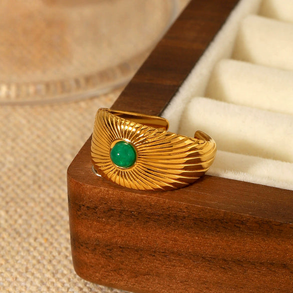 Wholesale Women's Stainless Steel Open Ring With Natural Stone Geometric Pattern Electroplated Retro Minimalist Style