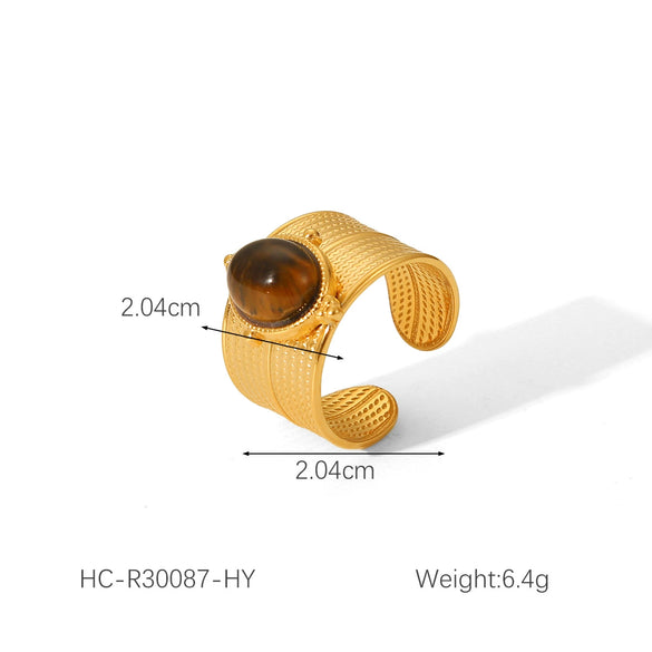 Wholesale Women's Stainless Steel Open Ring With Natural Stone Geometric Pattern Electroplated Retro Minimalist Style