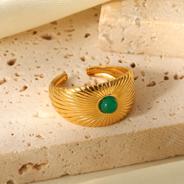 Wholesale Women's Stainless Steel Open Ring With Natural Stone Geometric Pattern Electroplated Retro Minimalist Style
