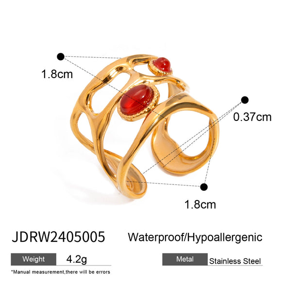 Wholesale Women's Stainless Steel Open Ring With Red Agate And Geometric Design Electroplated Hand Jewelry