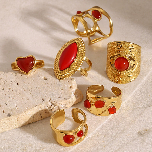 Wholesale Women's Stainless Steel Open Ring With Red Agate And Geometric Design Electroplated Hand Jewelry