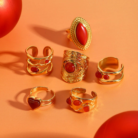 Wholesale Women's Stainless Steel Open Ring With Red Agate And Geometric Design Electroplated Hand Jewelry