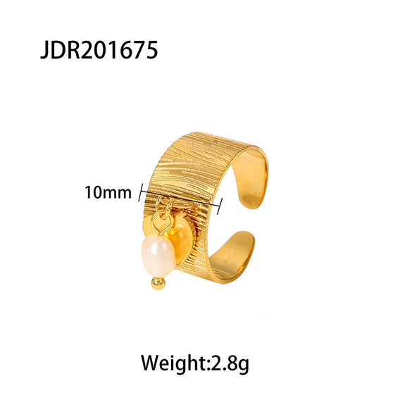 Wholesale Women's Stainless Steel Opening Ring With Freshwater Pendant 18K Gold Plated Star Patterned Pendant Ring