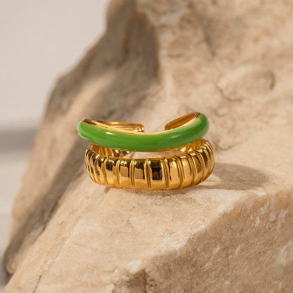 Wholesale Women's Stainless Steel Opening Ring With Green Oil Drop Double Bread Pattern And Geometric Design Electroplated