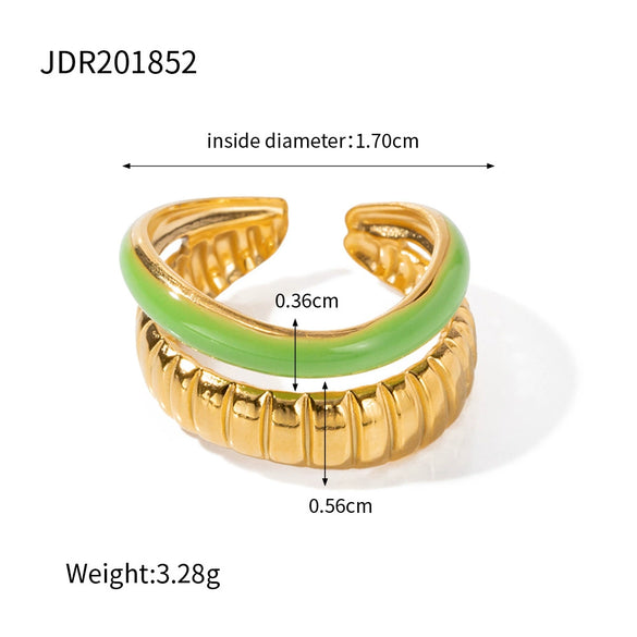 Wholesale Women's Stainless Steel Opening Ring With Green Oil Drop Double Bread Pattern And Geometric Design Electroplated