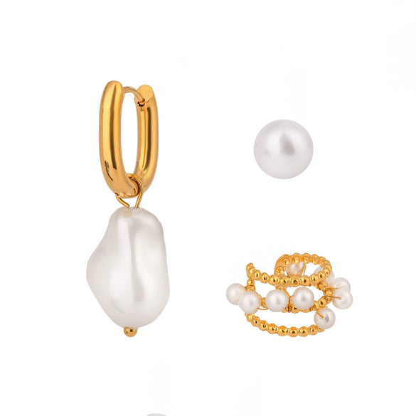 Wholesale Women's Stainless Steel Pearl Ear Clip Earrings With Geometric Pattern And Electroplating Treatment