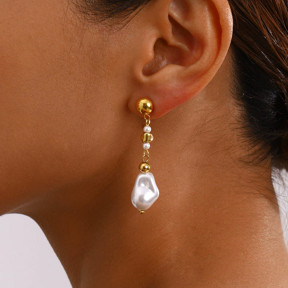 Wholesale Women's Stainless Steel Pearl Earrings With Geometric Design And Electroplating