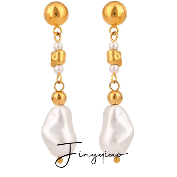 Wholesale Women's Stainless Steel Pearl Earrings With Geometric Design And Electroplating