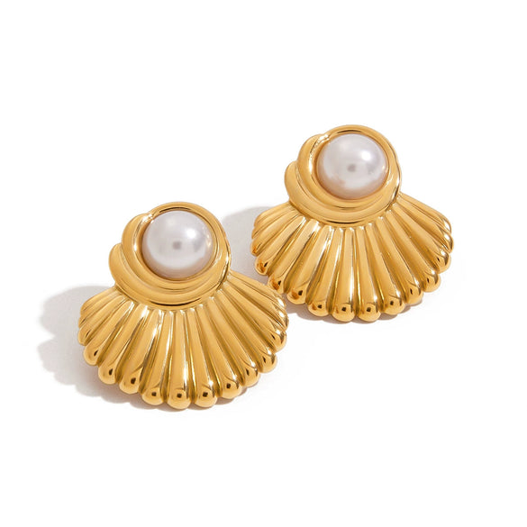 Wholesale Women's Stainless Steel Pearl Electroplated Geometric Fan Shaped Earrings