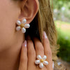 Wholesale Women's Stainless Steel Pearl Fivepetal Flower Opening Ring With Geometric Pattern And Electroplating Design