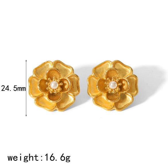 Wholesale Women's Stainless Steel Pearl Flower Earrings In French Court Style With Electroplating