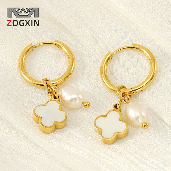 Wholesale Women's 316L Stainless Steel Pearl Four Leaf Clover Geometric Electroplated Earrings