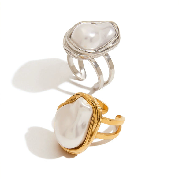 Wholesale Women's Stainless Steel Pearl Geometric Open Ring Electroplated Light Luxury Jewelry