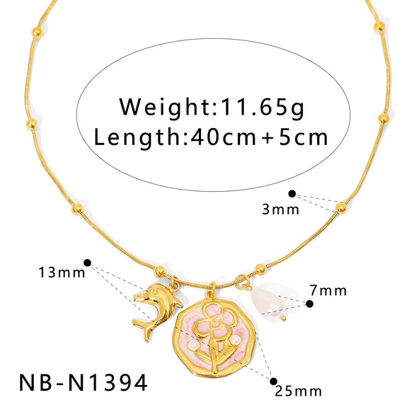Wholesale Women's Stainless Steel Pearl Necklace And Shell Earrings Set With Lotus Painted Oil Drop Pendant 18K Vacuum Gold Plated