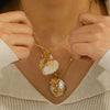 Wholesale Women's Stainless Steel Pearl Necklace And Shell Earrings Set With Lotus Painted Oil Drop Pendant 18K Vacuum Gold Plated