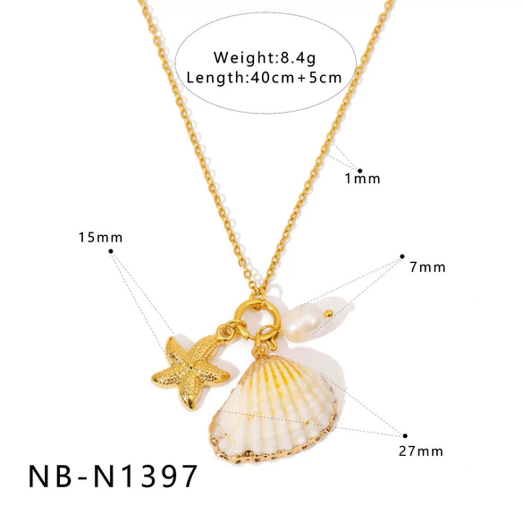 Wholesale Women's Stainless Steel Pearl Necklace And Shell Earrings Set With Lotus Painted Oil Drop Pendant 18K Vacuum Gold Plated