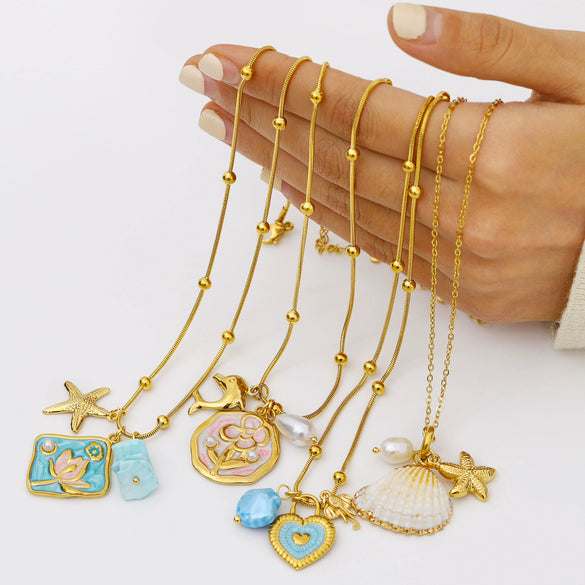 Wholesale Women's Stainless Steel Pearl Necklace And Shell Earrings Set With Lotus Painted Oil Drop Pendant 18K Vacuum Gold Plated