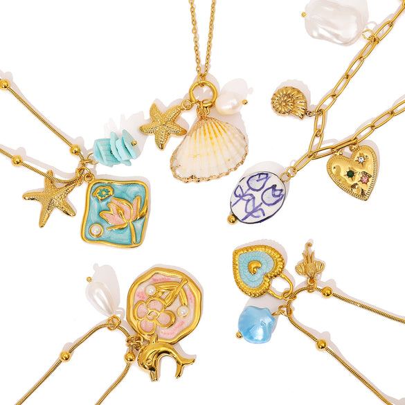 Wholesale Women's Stainless Steel Pearl Necklace And Shell Earrings Set With Lotus Painted Oil Drop Pendant 18K Vacuum Gold Plated