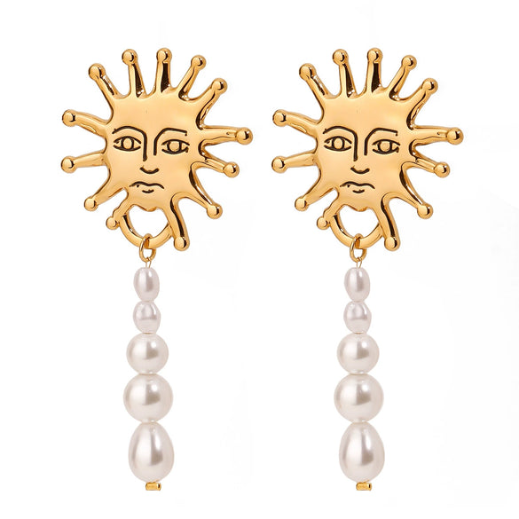 Wholesale Women's Stainless Steel Pearl Pendant Earrings With Geometric Pattern And Electroplating Sunflower Face Design