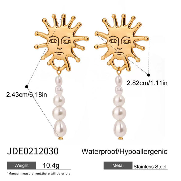 Wholesale Women's Stainless Steel Pearl Pendant Earrings With Geometric Pattern And Electroplating Sunflower Face Design