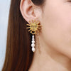 Wholesale Women's Stainless Steel Pearl Pendant Earrings With Geometric Pattern And Electroplating Sunflower Face Design