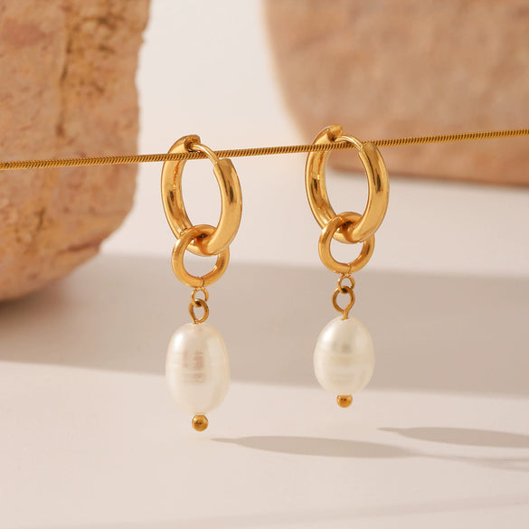 Wholesale Women's Stainless Steel Pearl Pendant Earrings With Geometric Pattern And Pvd Process