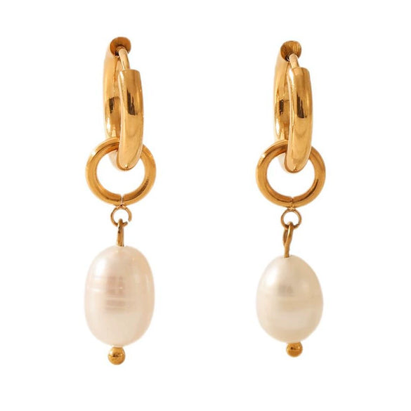 Wholesale Women's Stainless Steel Pearl Pendant Earrings With Geometric Pattern And Pvd Process