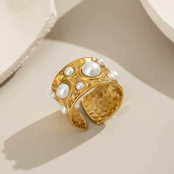 Wholesale Women's Stainless Steel Pearl Ring With Geometric Pattern Light Luxury Style Electroplated Open Ended