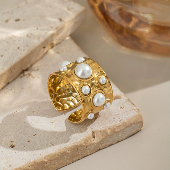 Wholesale Women's Stainless Steel Pearl Ring With Geometric Pattern Light Luxury Style Electroplated Open Ended