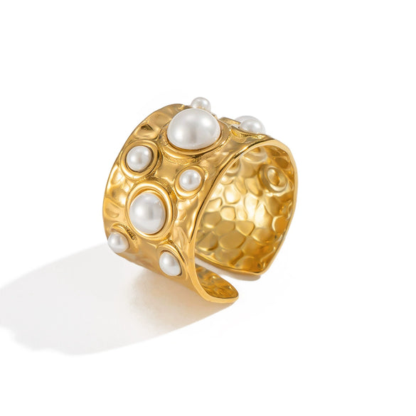 Wholesale Women's Stainless Steel Pearl Ring With Geometric Pattern Light Luxury Style Electroplated Open Ended