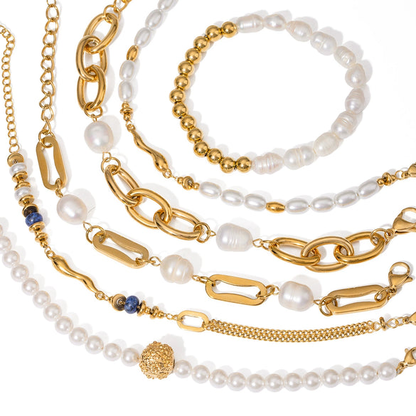 Wholesale Women's Stainless Steel Pearl Stacked Bracelet With Geometric Design And Electroplating