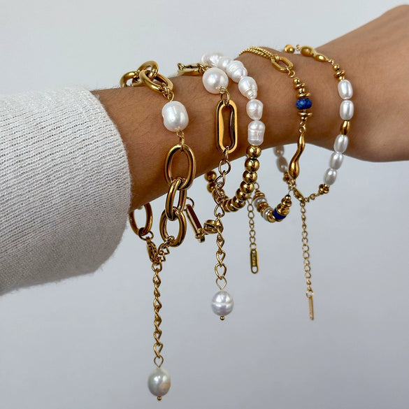 Wholesale Women's Stainless Steel Pearl Stacked Bracelet With Geometric Design And Electroplating